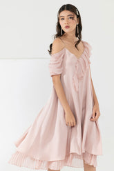 Silk Midi Dress with Ruffle Trim and Pleated Hem Detail